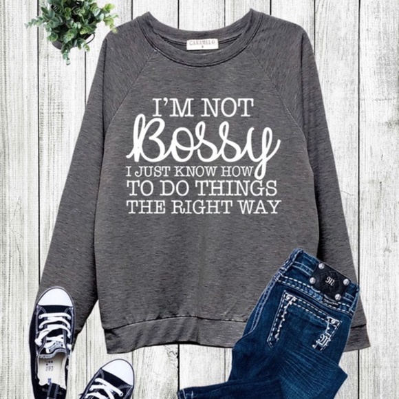 Sweaters - Cozy Charcoal Bossy Graphic Sweater Top